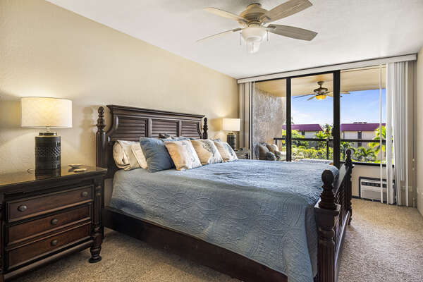 Bedroom with a king size bed and lanai access
