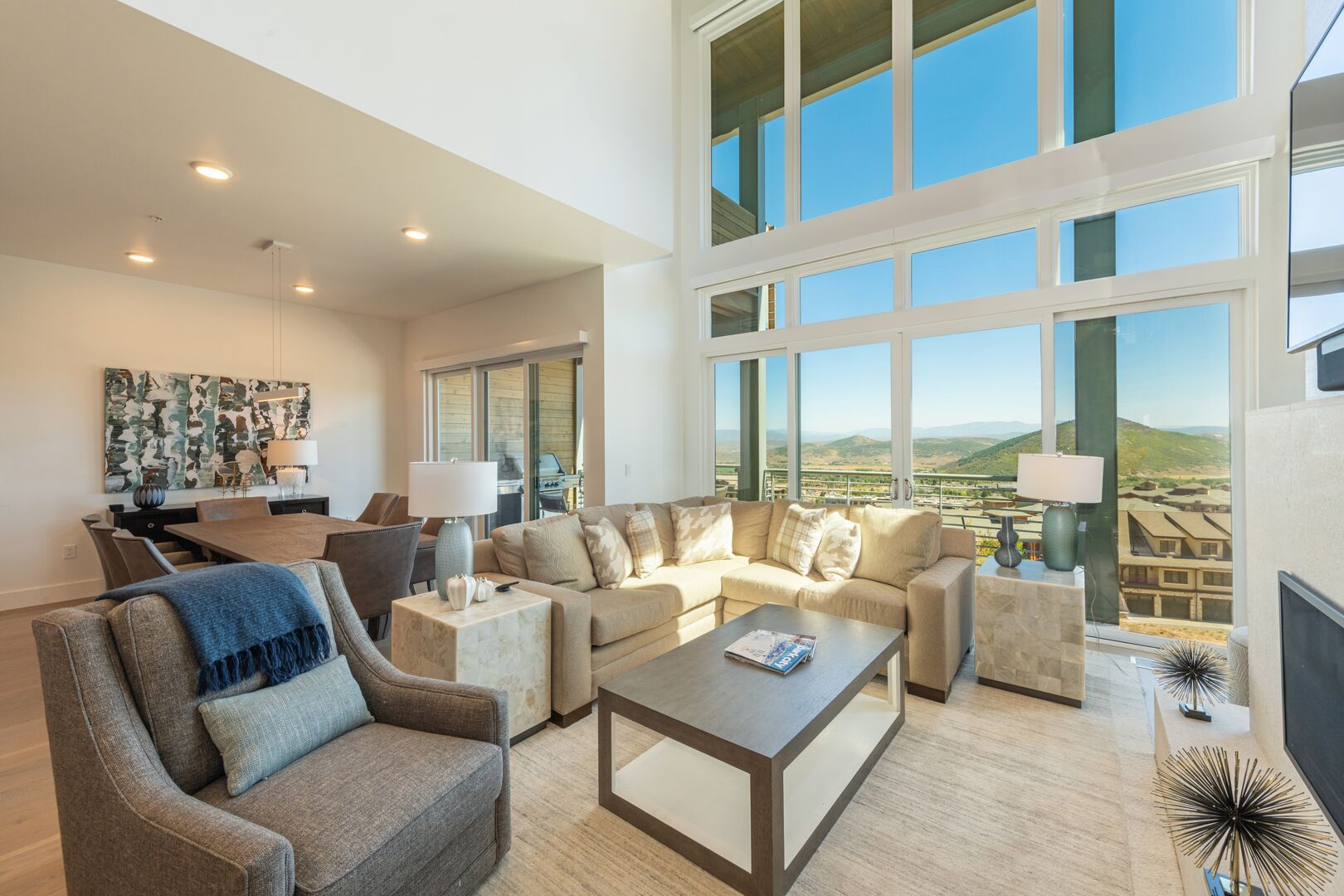 two story great room with views of the mountains