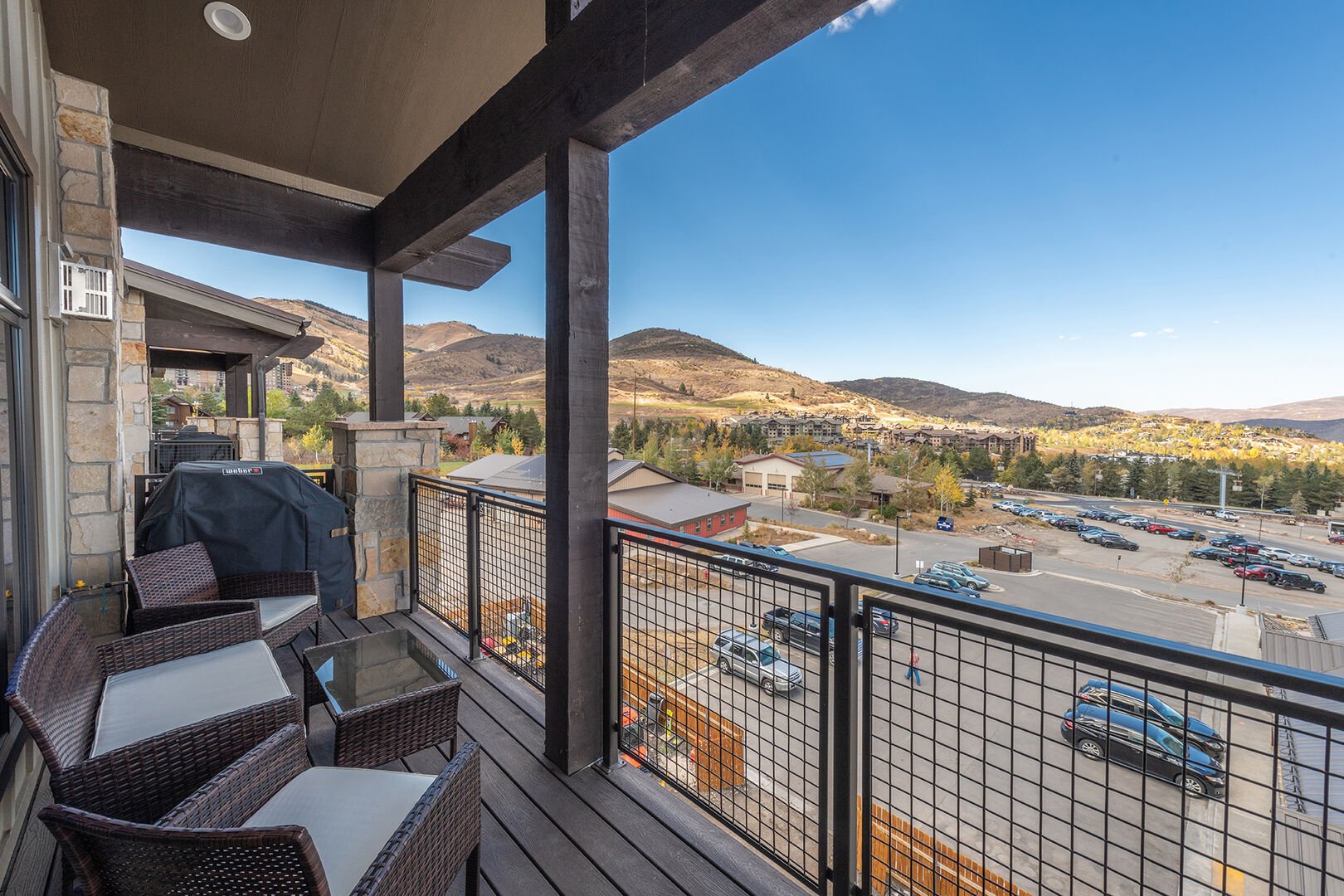Balcony with gas grill and  views of the hills and lift