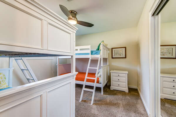 Bedroom 4 with Two Twin Over Twin Bunk Beds and Access to a Full Shared Bath