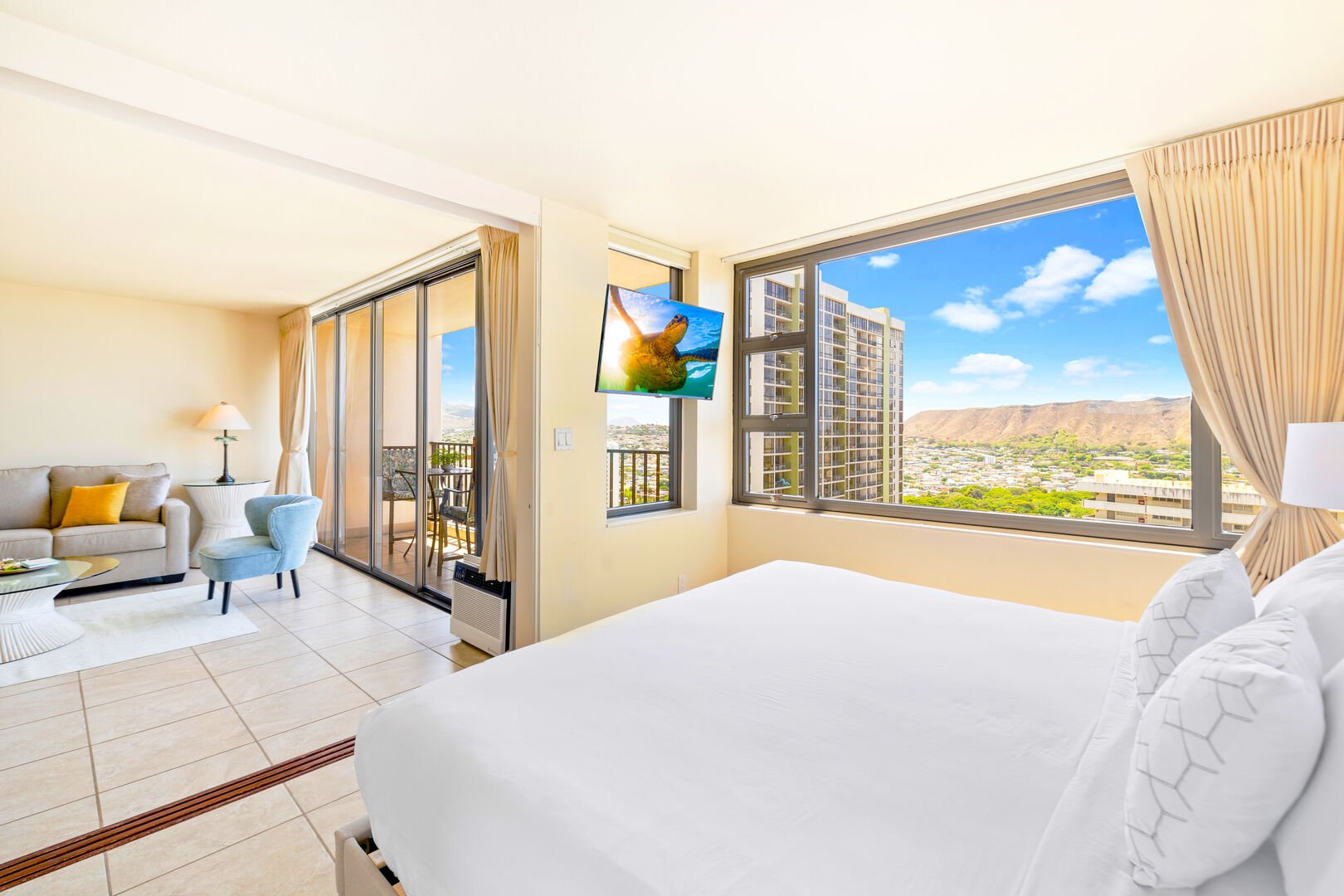 The bedroom is separated from the living room by a sliding panel door! The bedroom is separated from the living room by a sliding panel door!