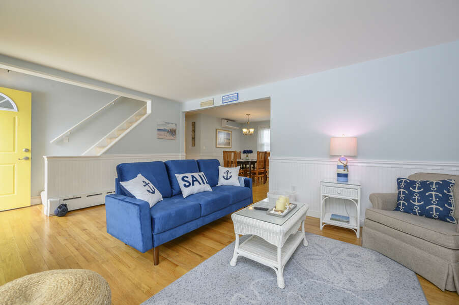 Living room with view of stairs to second floor-50 Foster Road Hyannis Cape Cod- New England Vacation Rentals