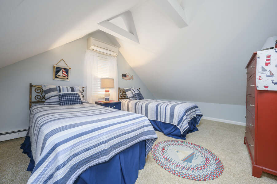 Bedroom #3 upstairs- 3 Twin beds  dresser, nightstand and fun coastal accents-50 Foster Road Hyannis Cape Cod- New England Vacation Rentals