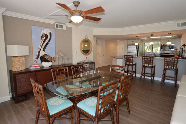 Great pelican art in dining area, and counter seating