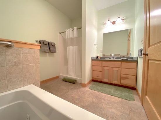 Master bathroom with a soaking tub and walk-in shower.