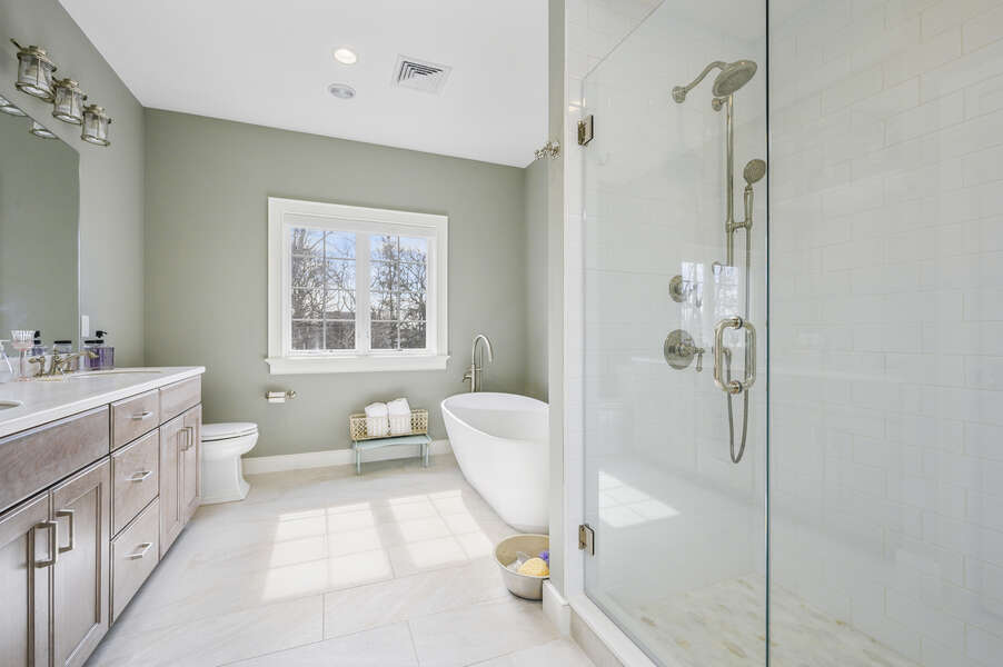 Bathroom #3 - second floor hallway with soaking tub and large stand up shower-445 Lower County Rd Harwich- Cape Cod- New England Vacation Rentals.
