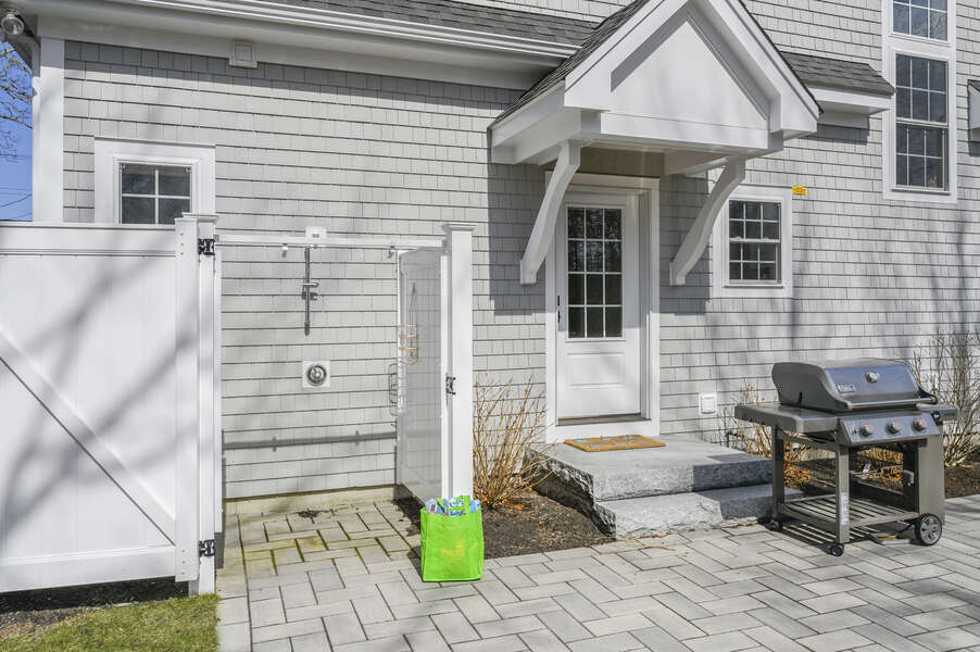 Back yard patio, grill and outdoor shower - 445 Lower County Rd Harwich- Cape Cod- New England Vacation Rentals.