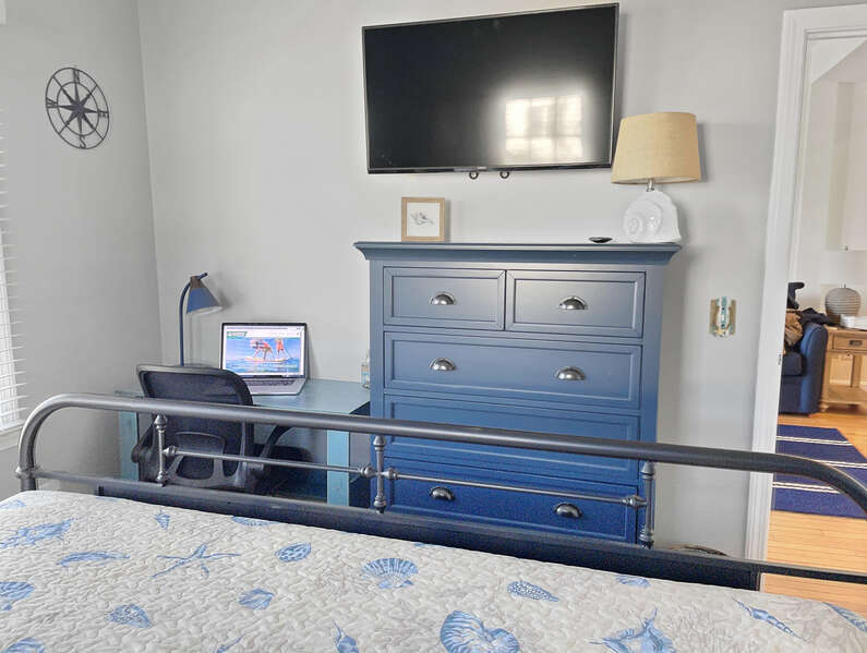 King Bedroom with flat screen TV and work station for remote working - 25 Bank Street Unit #2 Harwich Port - New England Vacation Rentals- Harwich Port -Cape Cod- New England Vacation Rentals