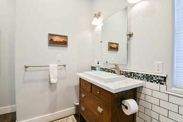 Single Bathroom Vanity Set, Mirror, and Lamp.