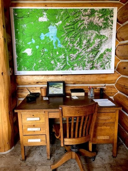 Great desk nook with historic geographical map of the area