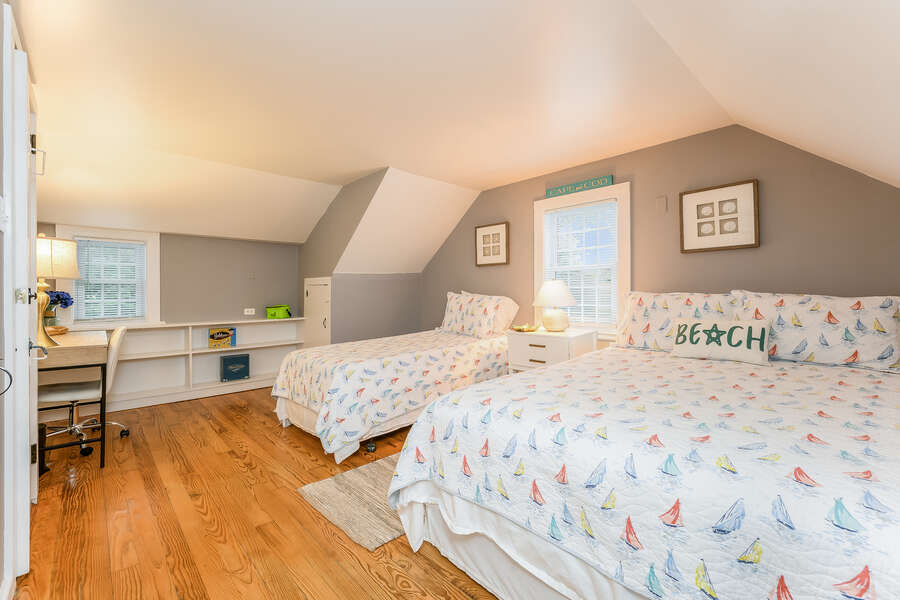 Bedroom #2- Queen and twin beds, build in shelves and desk-75 Pinewood Rd Hyannis Cape Cod- New England Vacation Rentals