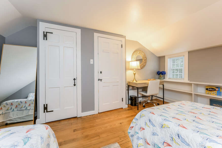 Bedroom #2 Queen and twin bed closet, desk and built in shelving-75 Pinewood Rd Hyannis Cape Cod- New England Vacation Rentals