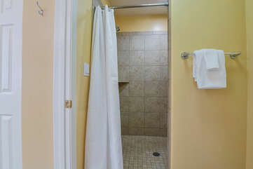 Shower with Curtain and Towels.