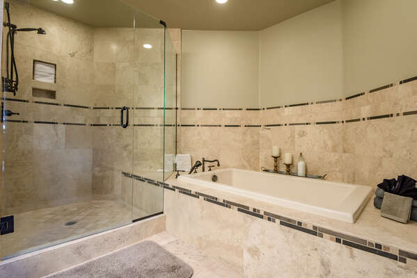 Grand Master Bath with a Jetted Tub and Tile/Glass Shower