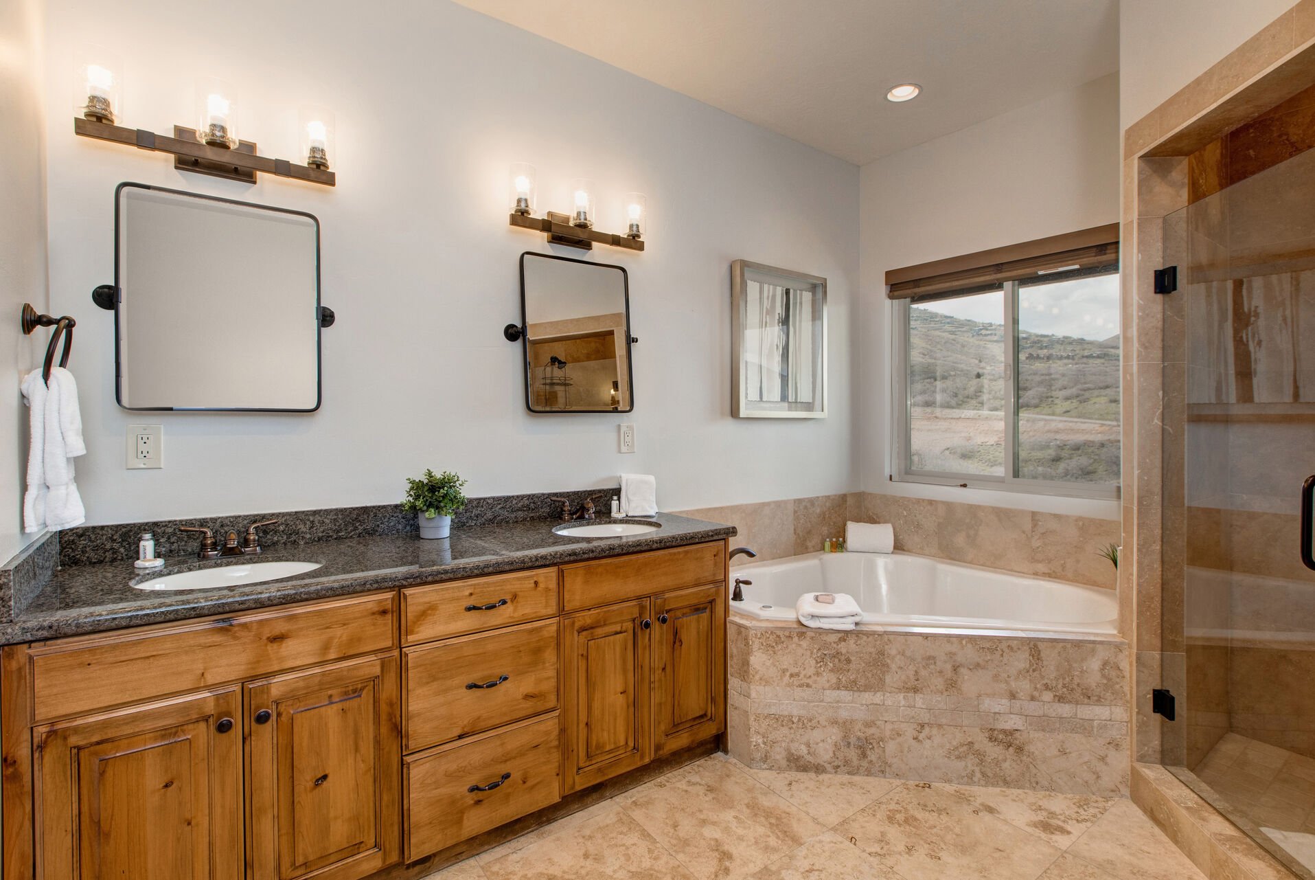 Full Shared Bath 3 with Dual Granite Counter Sinks, Jetted Tub and Separate Shower