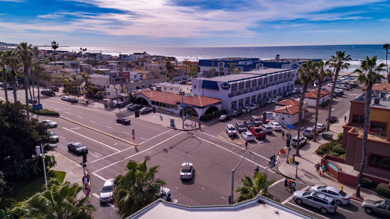 Bird's eye view of Mission Blvd and the beach