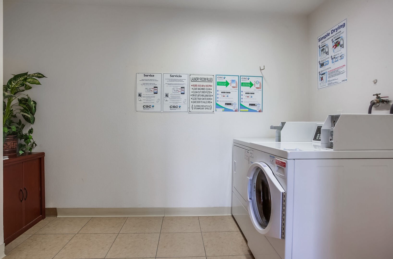 Coin-operated laundry room located on each floor and accessible to guests. Trash chute is located in this room as well.