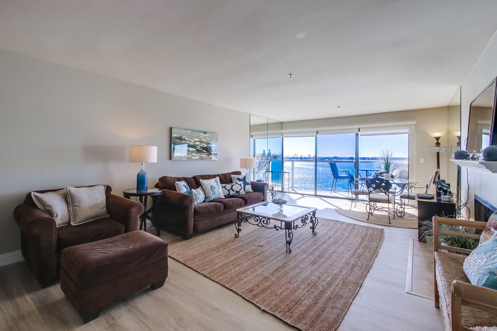 Open, bright living space with NEW FLOORS and an unbeatable view of beautiful Mission Bay!