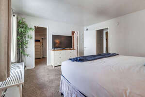 Master bedroom with king bed, walk-in closet, TV and in-suite full bathroom