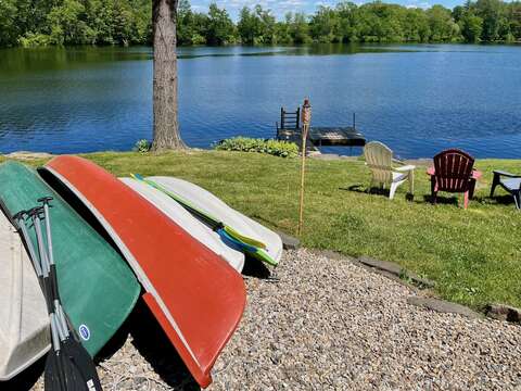 canoes and kayaks for guests use along with a paddle board too! Many life vests available -  all sizes are not guestateed