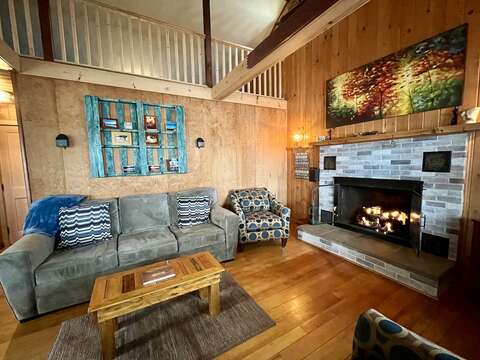 Cozy cabin-style living with large propane fireplace