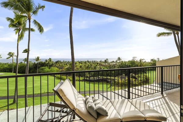 Lanai with Lounge Seating and Views of the Ocean and Golf Course at Kona Country Club Villa