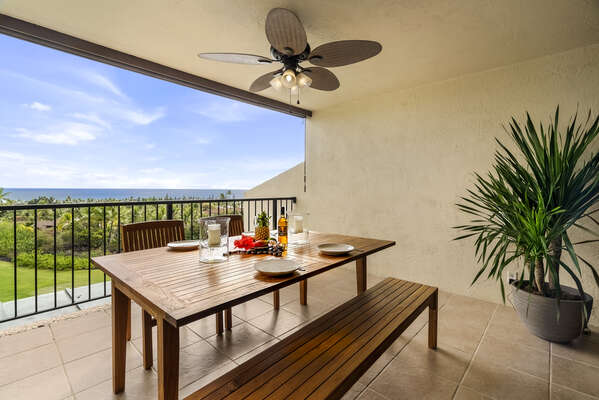 Outdoor Dining Table and Ceiling Fan on the Lanai at Kona Country Club Villa