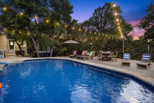 Heated pool with a huge sky deck to enjoy any time of the day and night.