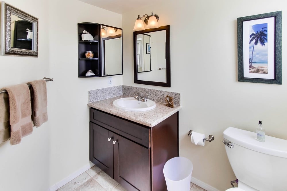 Half bathroom with toilet, vanity sink, and mirror off the living room for your added convenience