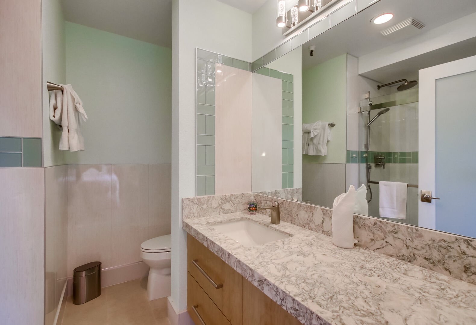 Brand new remodeled full master bathroom with new light fixtures and countertops!