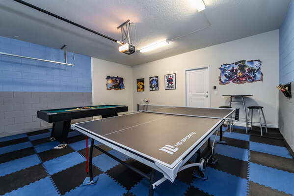 Games room with ping pong and pool tables