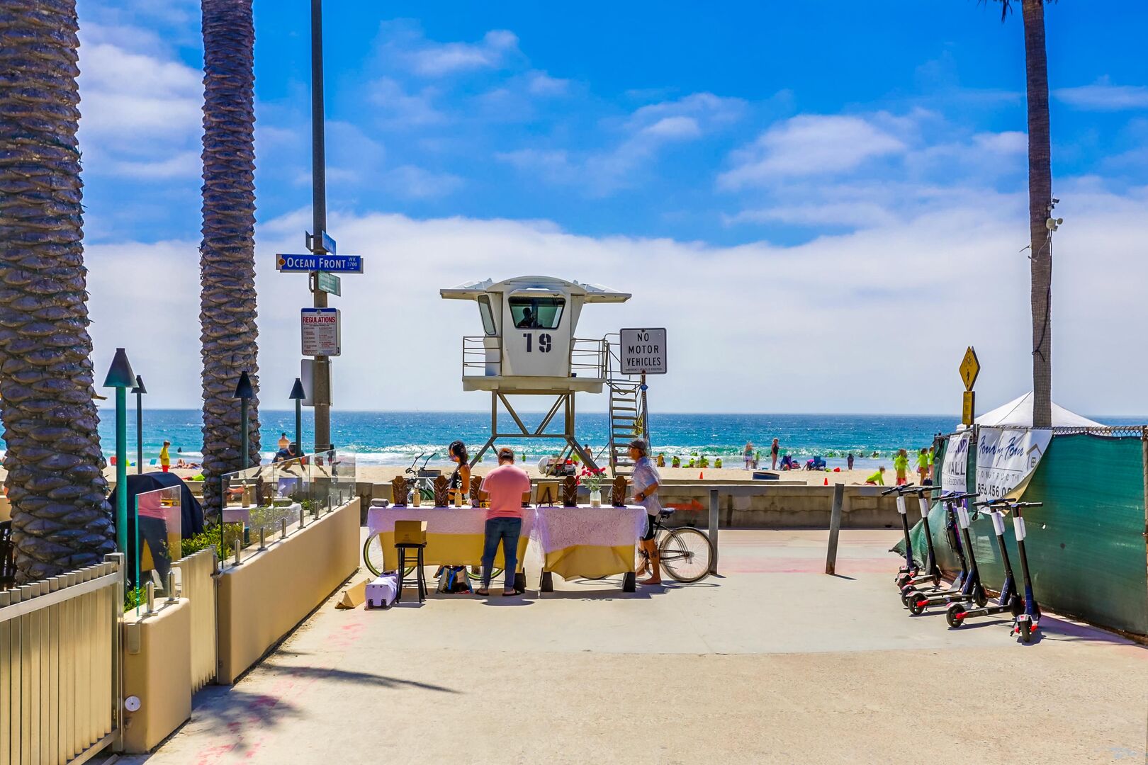 View of boardwalk, beach and lifeguard tower at Santa Clara Pl.