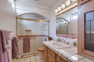 Downstairs bathroom with sink, toilet, overhead lighting, and shower
