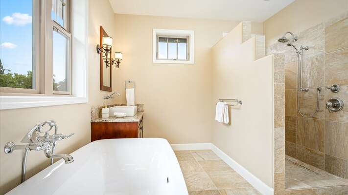 Upstairs Primary bathroom with tub and large walk in shower