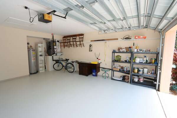 2 car garage with bikes nad beach equipment