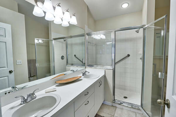 Ensuite master bathroom with walk in shower double sink vanity
