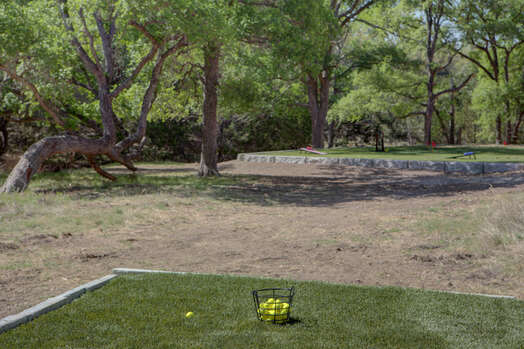 View from the 40-yard tee box of the backyard golf hole