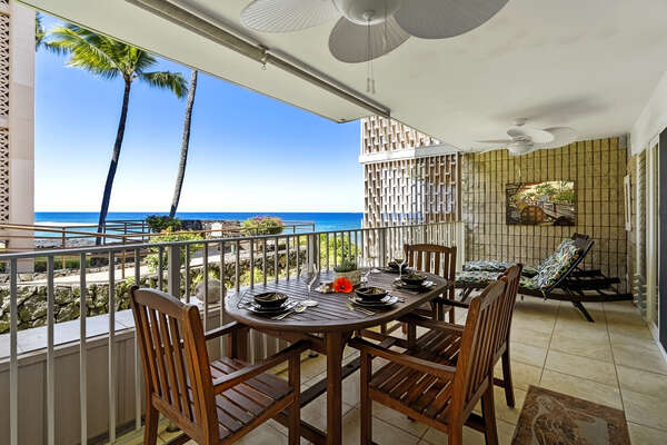 Oceanview lanai with dining table.