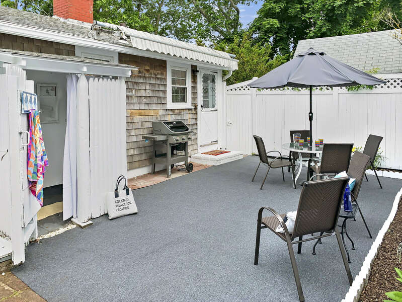 Back yard patio with outdoor shower at-25 Zylpha Rd Harwich Port- Cape Cod- New England Vacation Rentals