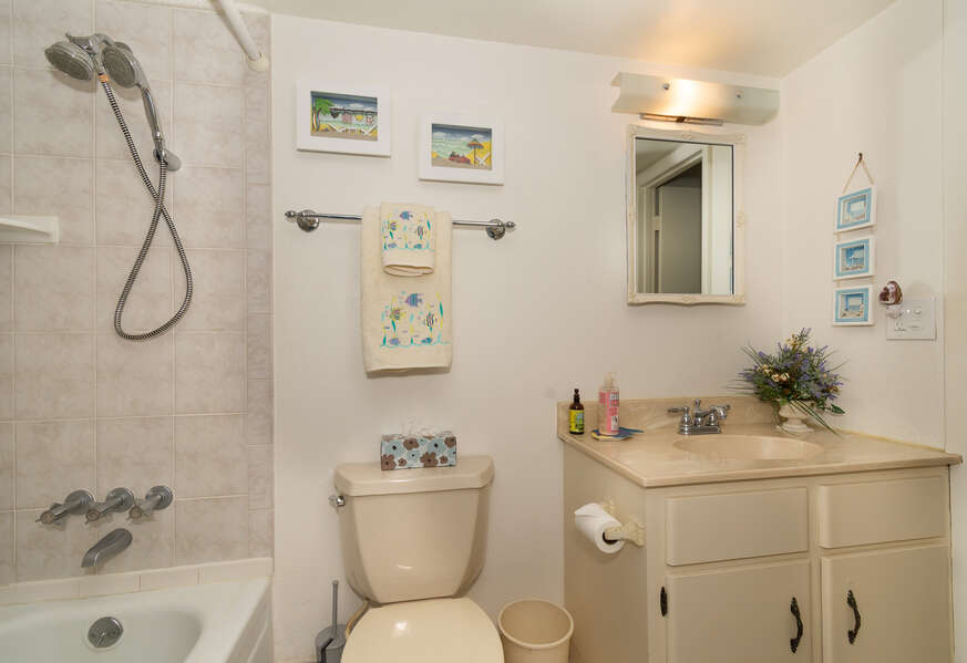 A bathroom view of a toilet and a bathtub