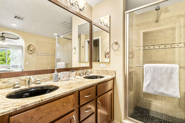 Main En-suite Bathroom with Dual Vanity and Walk-in Shower