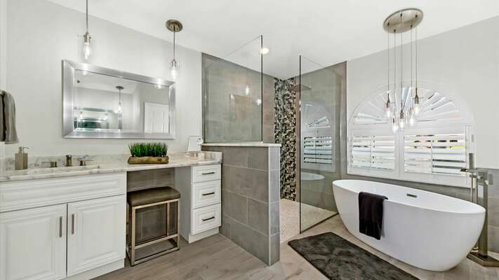 Stunning and recently completely redone master bathroom with soaking tub, walk in shower and dual vanities