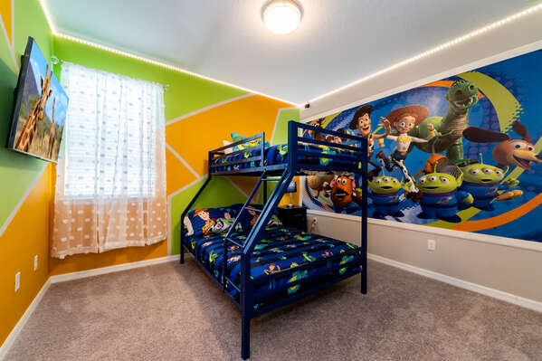 Bedroom 4 has a Toy Story theme and single over double bunk beds.  Also a wall mounted flatscreen TV