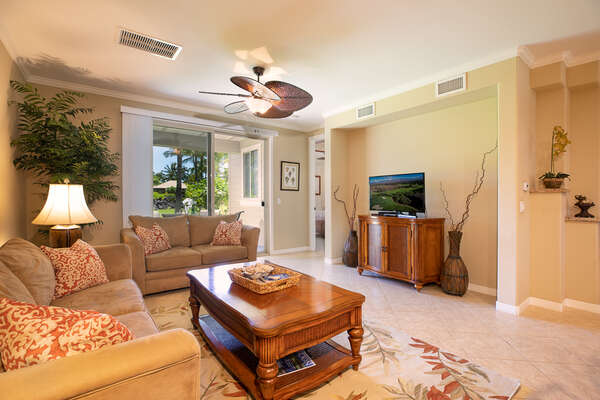 Living Area with Lanai Access at Waikoloa Hawaii Vacation Rentals