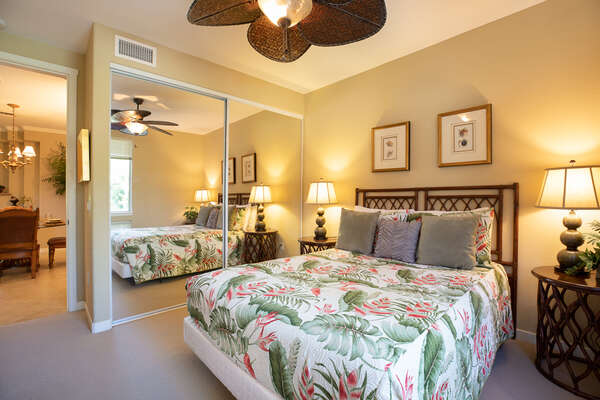 Bedroom 2 with Queen Bed and Tropical Decor at Waikoloa Hawaii Vacation Rentals