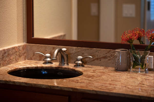 Vanity with Granite Counter Tops and Large Mirror