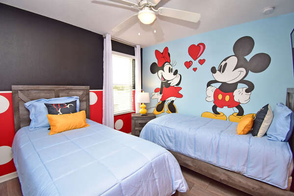 Bedroom 6 has 2 x twin beds and the one, the only Mickey Mouse theme