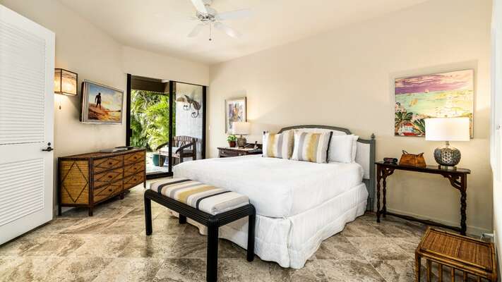 Primary bedroom with King bed, Lanai access and Ocean view