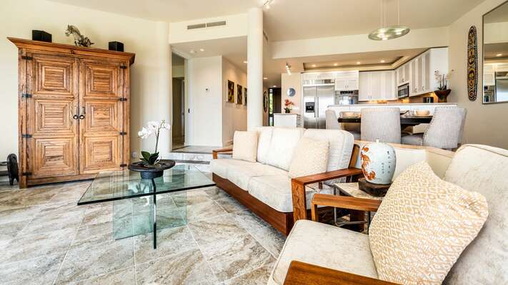 Living area with amble seating and beautiful ceramic tile floors