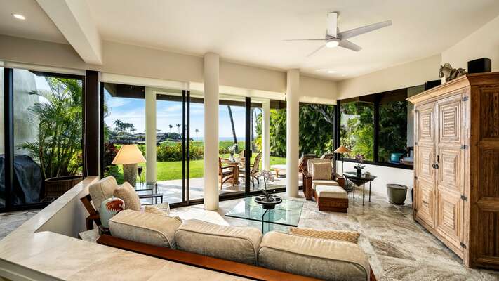 Ocean views visible from the lanai, living room, dining room, kitchen, and master bedroom.